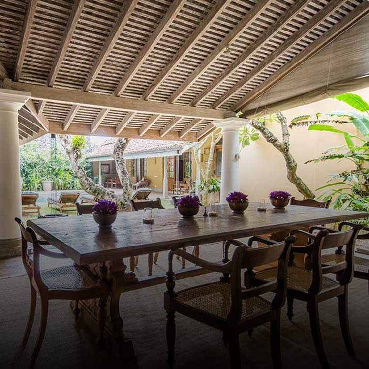 Dining area overlooking the pool in a luxury boutique villa inside the Galle Fort