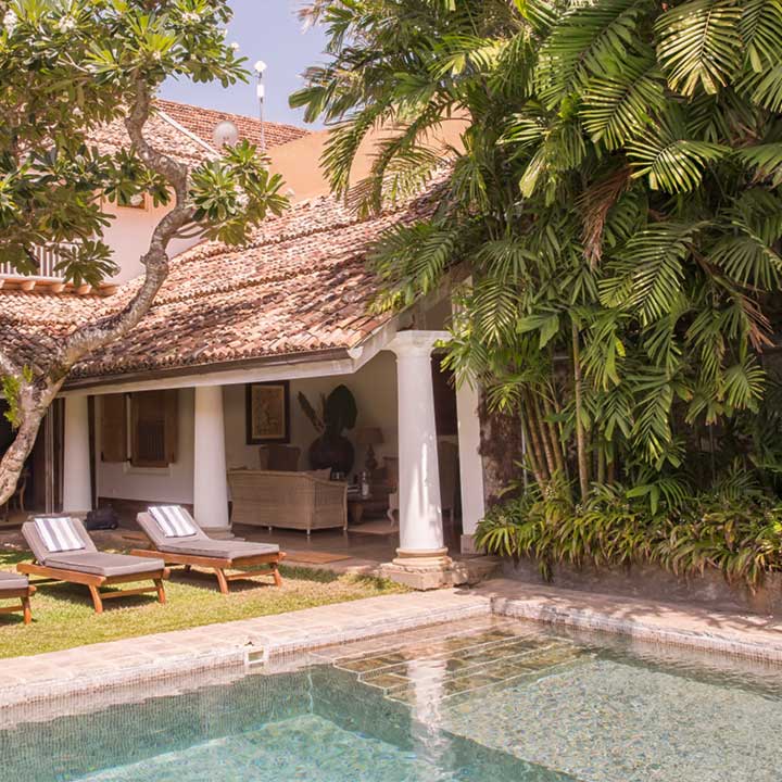 Pool and lounging area of a luxury villa inside the Galle Fort